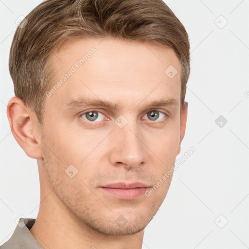 Neutral white young-adult male with short  brown hair and grey eyes