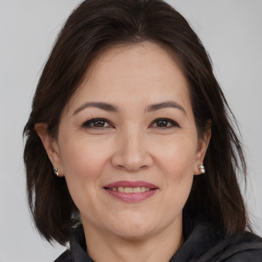Joyful white adult female with medium  brown hair and brown eyes