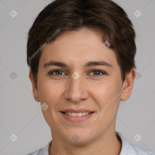 Joyful white young-adult female with short  brown hair and brown eyes