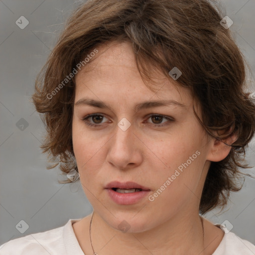 Neutral white adult female with medium  brown hair and brown eyes