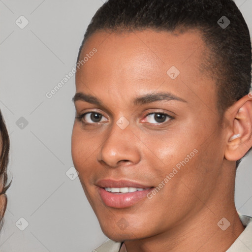 Joyful white young-adult female with short  brown hair and brown eyes