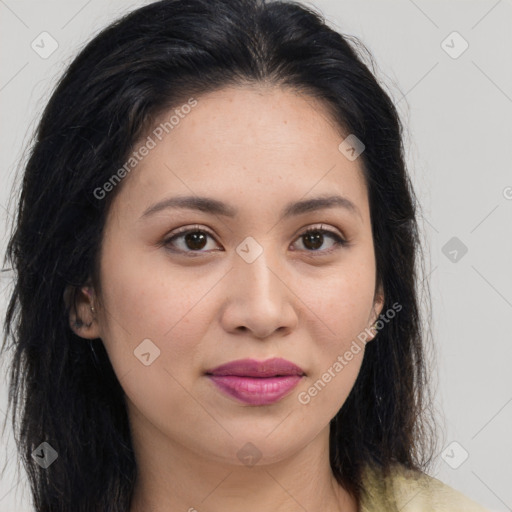 Joyful latino young-adult female with long  brown hair and brown eyes