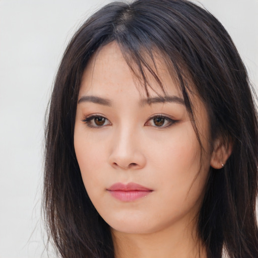 Neutral asian young-adult female with long  brown hair and brown eyes