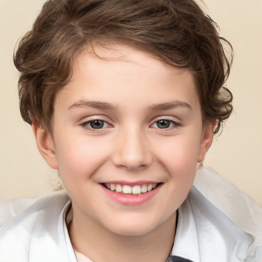 Joyful white child female with medium  brown hair and brown eyes