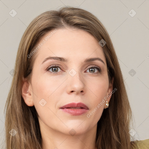 Neutral white young-adult female with long  brown hair and grey eyes