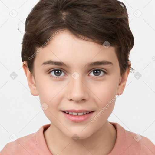 Joyful white child female with short  brown hair and brown eyes