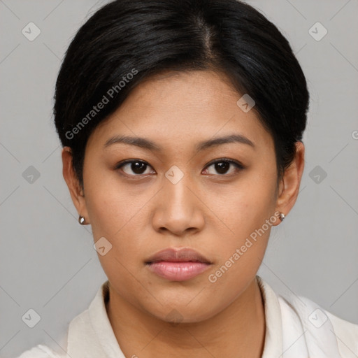 Neutral asian young-adult female with short  brown hair and brown eyes