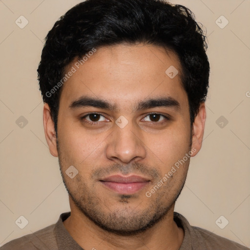 Neutral latino young-adult male with short  black hair and brown eyes