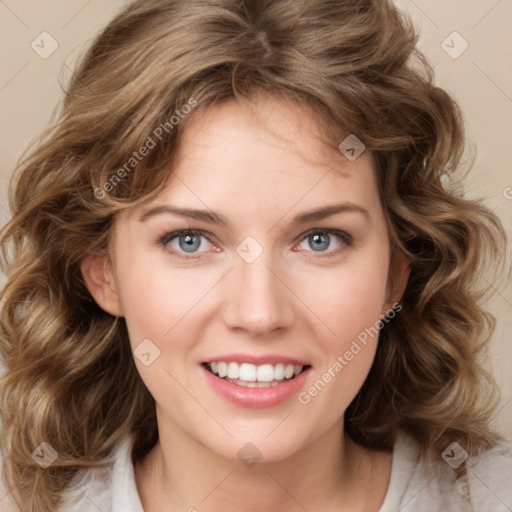 Joyful white young-adult female with medium  brown hair and green eyes