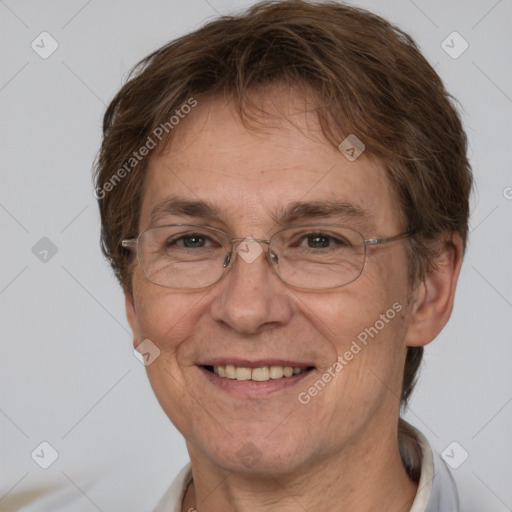 Joyful white adult female with short  brown hair and brown eyes