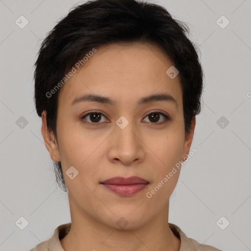 Joyful latino young-adult female with short  brown hair and brown eyes