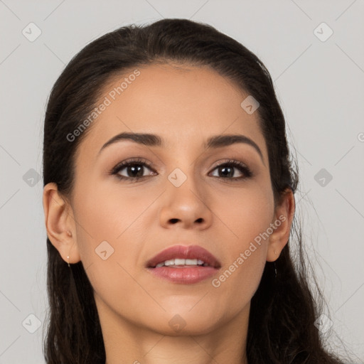 Joyful white young-adult female with long  brown hair and brown eyes