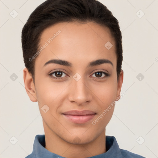 Joyful white young-adult female with short  brown hair and brown eyes