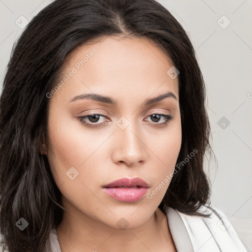 Neutral white young-adult female with long  brown hair and brown eyes