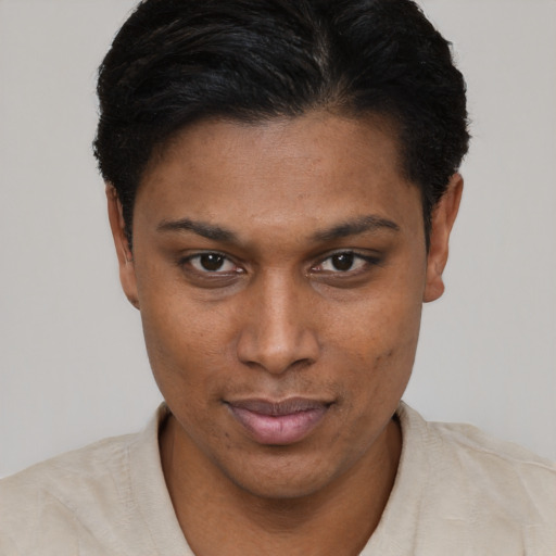 Neutral black young-adult female with short  brown hair and brown eyes
