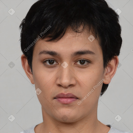 Joyful asian young-adult female with short  black hair and brown eyes