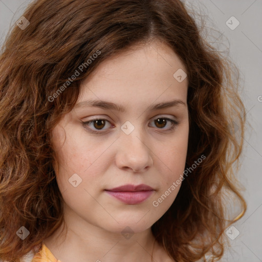 Neutral white young-adult female with long  brown hair and brown eyes