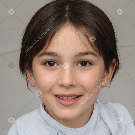 Joyful white child female with medium  brown hair and brown eyes