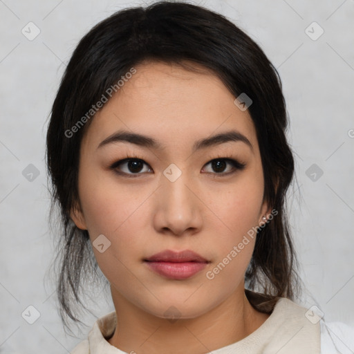 Neutral asian young-adult female with medium  black hair and brown eyes