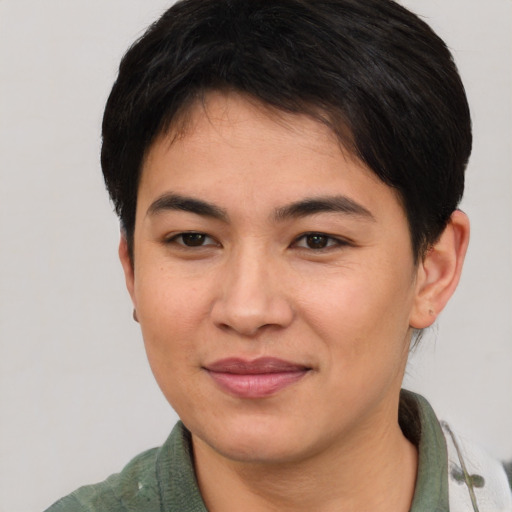 Joyful asian young-adult female with short  brown hair and brown eyes
