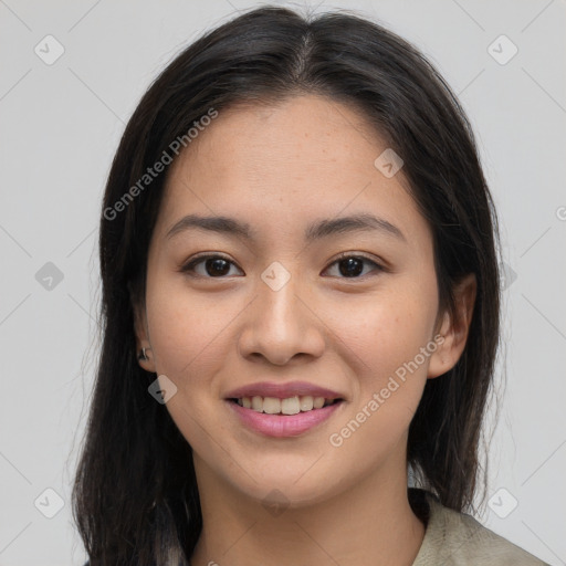 Joyful asian young-adult female with medium  brown hair and brown eyes