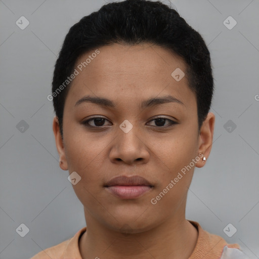 Neutral latino young-adult female with short  black hair and brown eyes