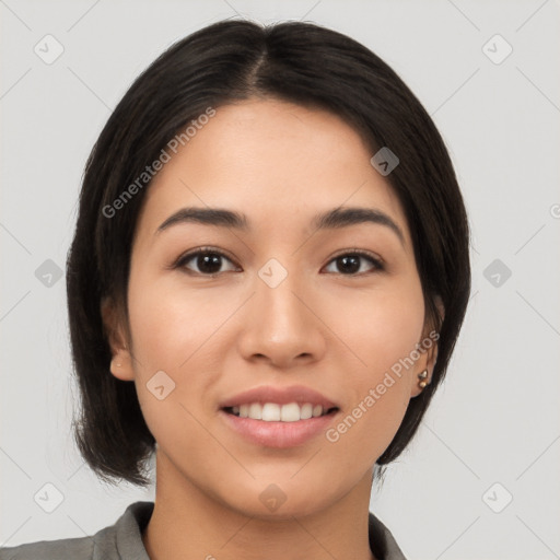 Joyful white young-adult female with medium  black hair and brown eyes