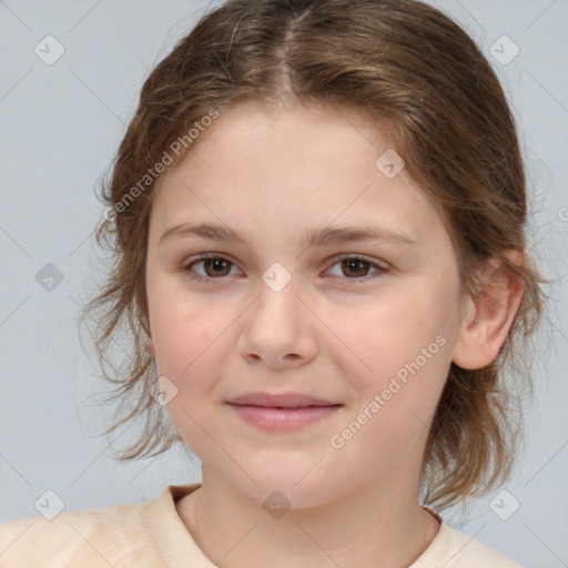 Joyful white child female with medium  brown hair and brown eyes