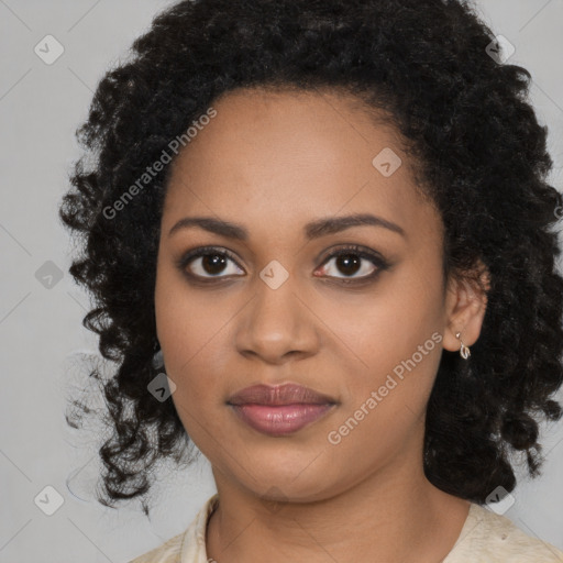 Joyful black young-adult female with medium  black hair and brown eyes