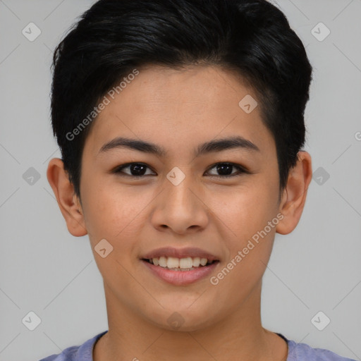 Joyful asian young-adult female with short  brown hair and brown eyes