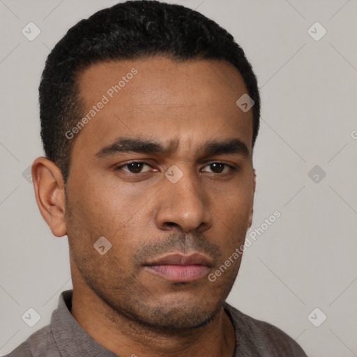 Neutral latino young-adult male with short  black hair and brown eyes