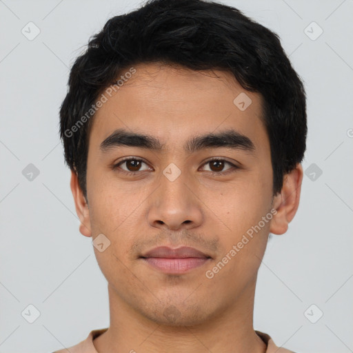 Neutral latino young-adult male with short  black hair and brown eyes