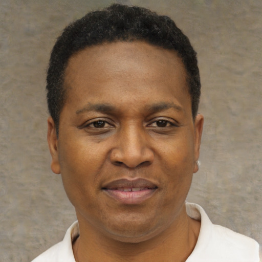 Joyful black young-adult male with short  brown hair and brown eyes