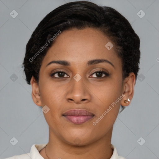 Joyful latino young-adult female with short  brown hair and brown eyes