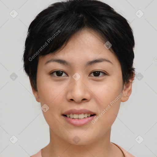 Joyful asian young-adult female with short  brown hair and brown eyes