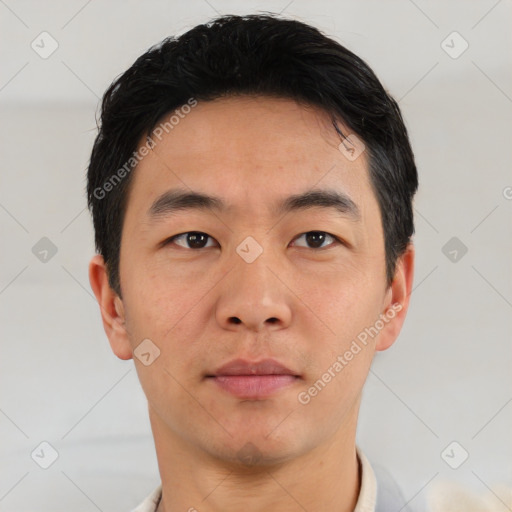 Neutral asian young-adult male with short  black hair and brown eyes