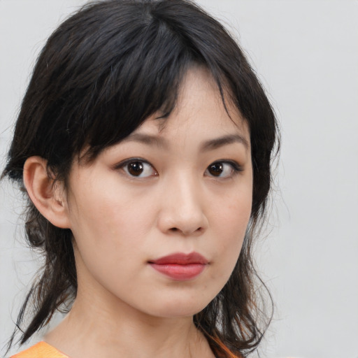 Neutral asian young-adult female with medium  brown hair and brown eyes