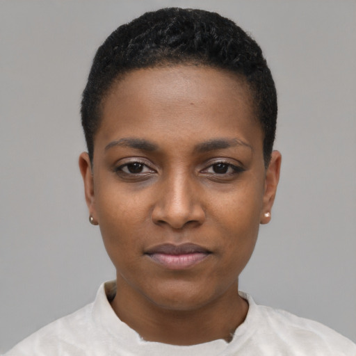 Neutral black young-adult female with short  black hair and brown eyes
