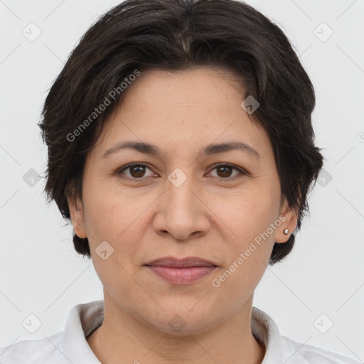 Joyful white adult female with short  brown hair and brown eyes