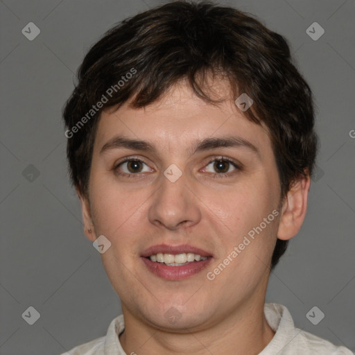 Joyful white young-adult female with short  brown hair and brown eyes