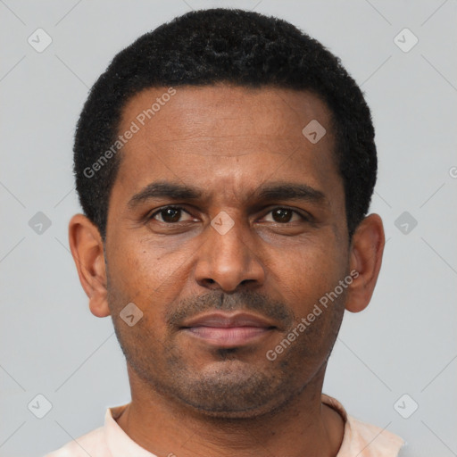 Neutral latino young-adult male with short  brown hair and brown eyes