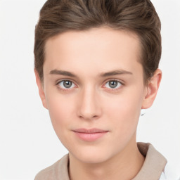 Neutral white young-adult female with short  brown hair and brown eyes