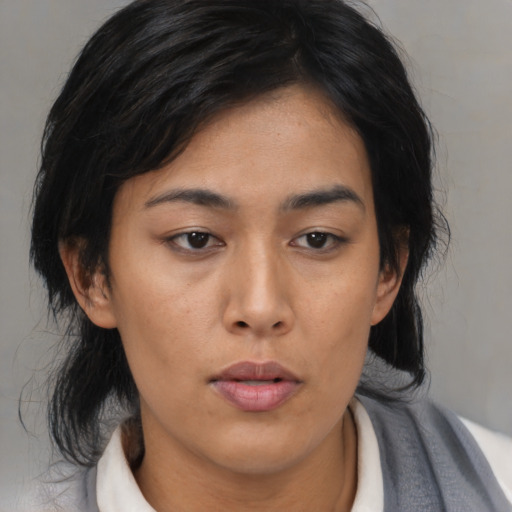 Neutral asian young-adult female with medium  brown hair and brown eyes