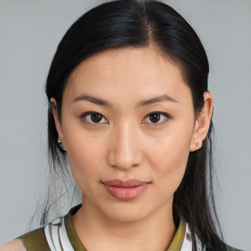 Neutral asian young-adult female with medium  brown hair and brown eyes