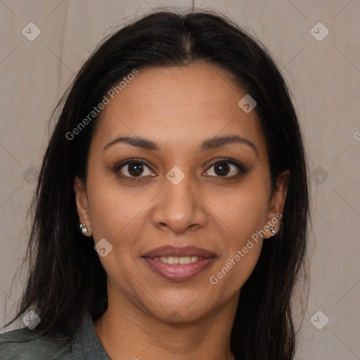 Joyful latino young-adult female with long  brown hair and brown eyes