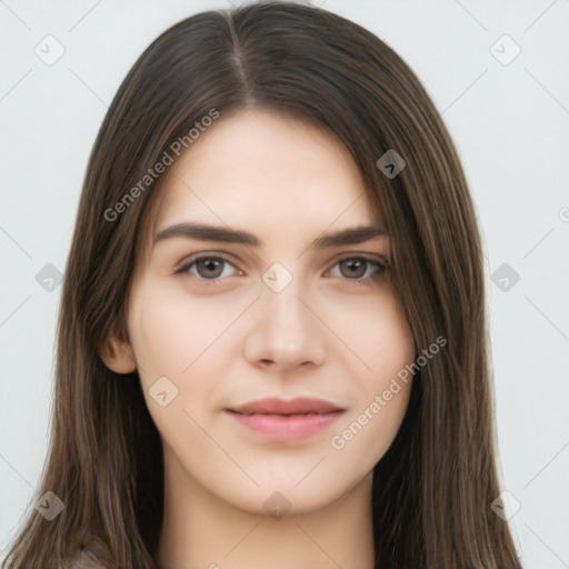 Neutral white young-adult female with long  brown hair and brown eyes