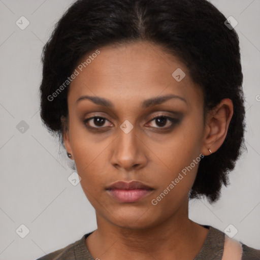 Neutral black young-adult female with short  black hair and brown eyes