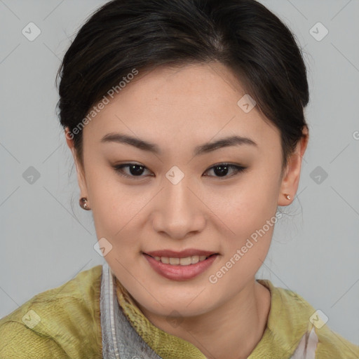 Joyful asian young-adult female with medium  brown hair and brown eyes