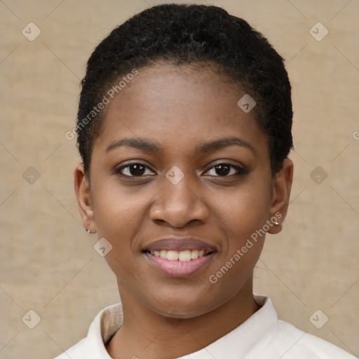 Joyful black young-adult female with short  black hair and brown eyes