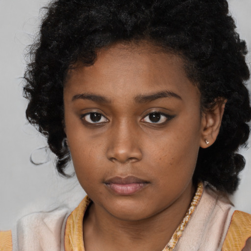 Neutral latino young-adult female with long  brown hair and brown eyes